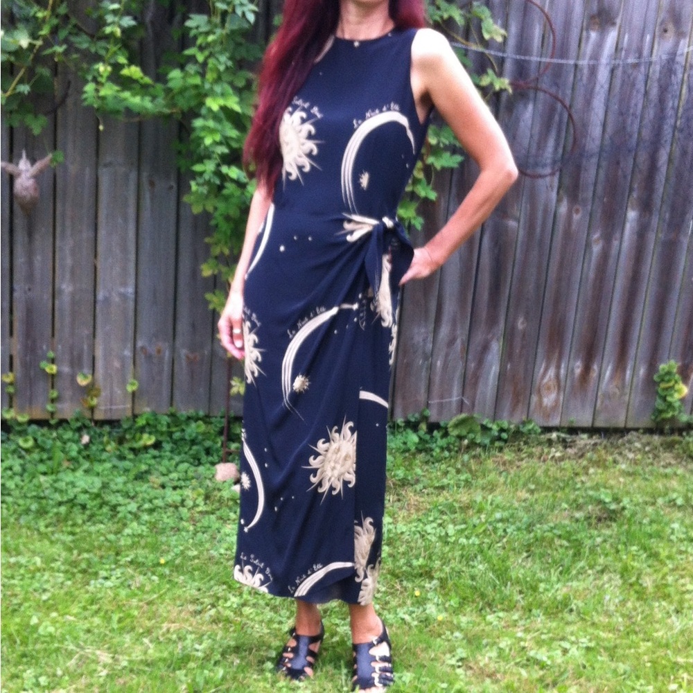 10 Silk Celestial Vintage Sun Print Dress Zodiac Stars Faux Wrap Tie